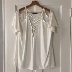 Cold shoulder deep V lace up slinky top
